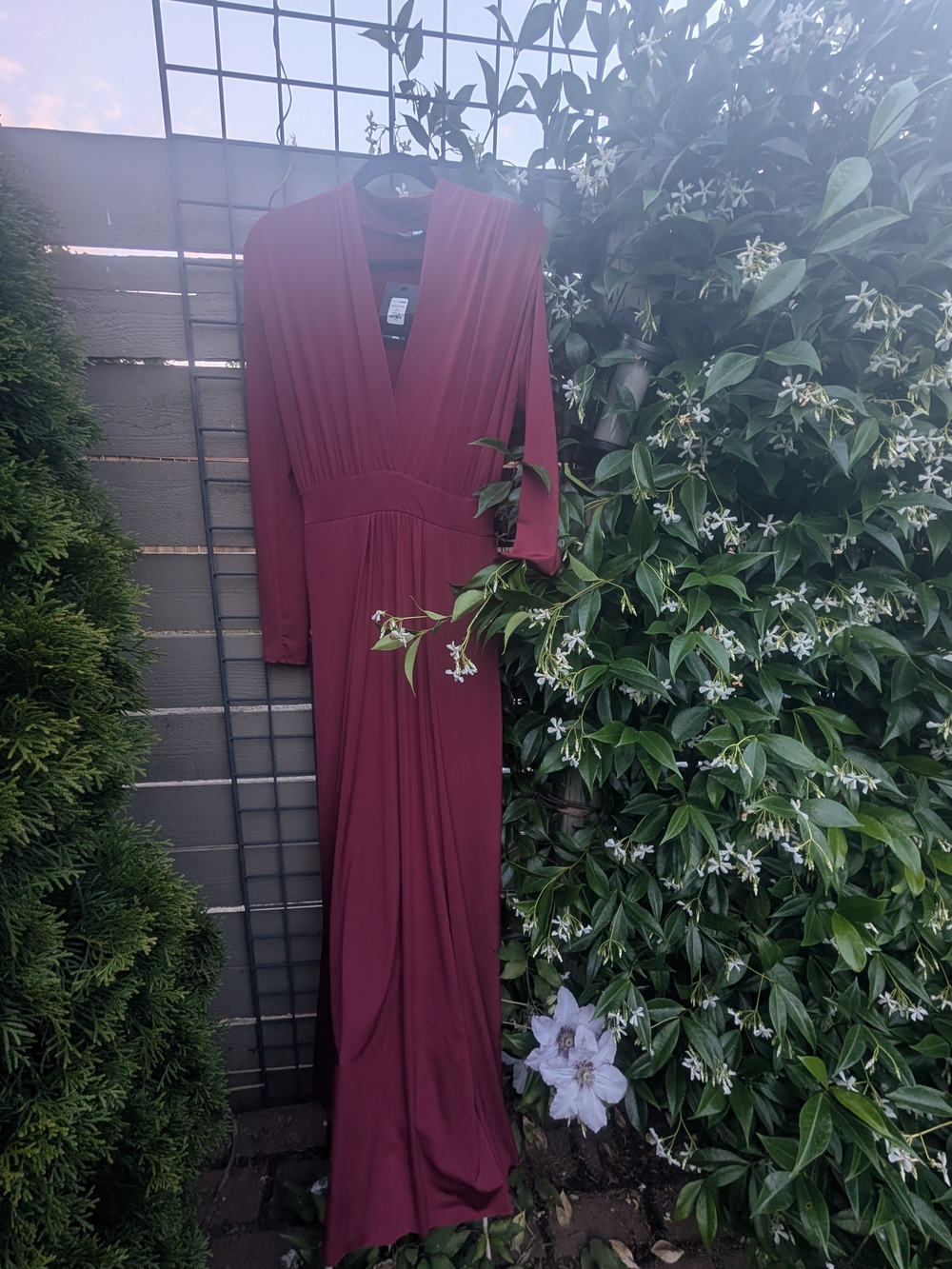 Fashion Nova Burgundy Long Sleeve V-Neck Maxi Dress